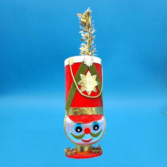 Vintage 1960s Toy Soldier Ornament Japan Red Flocked Hat White Satin Ball Head - Picture 2 of 9